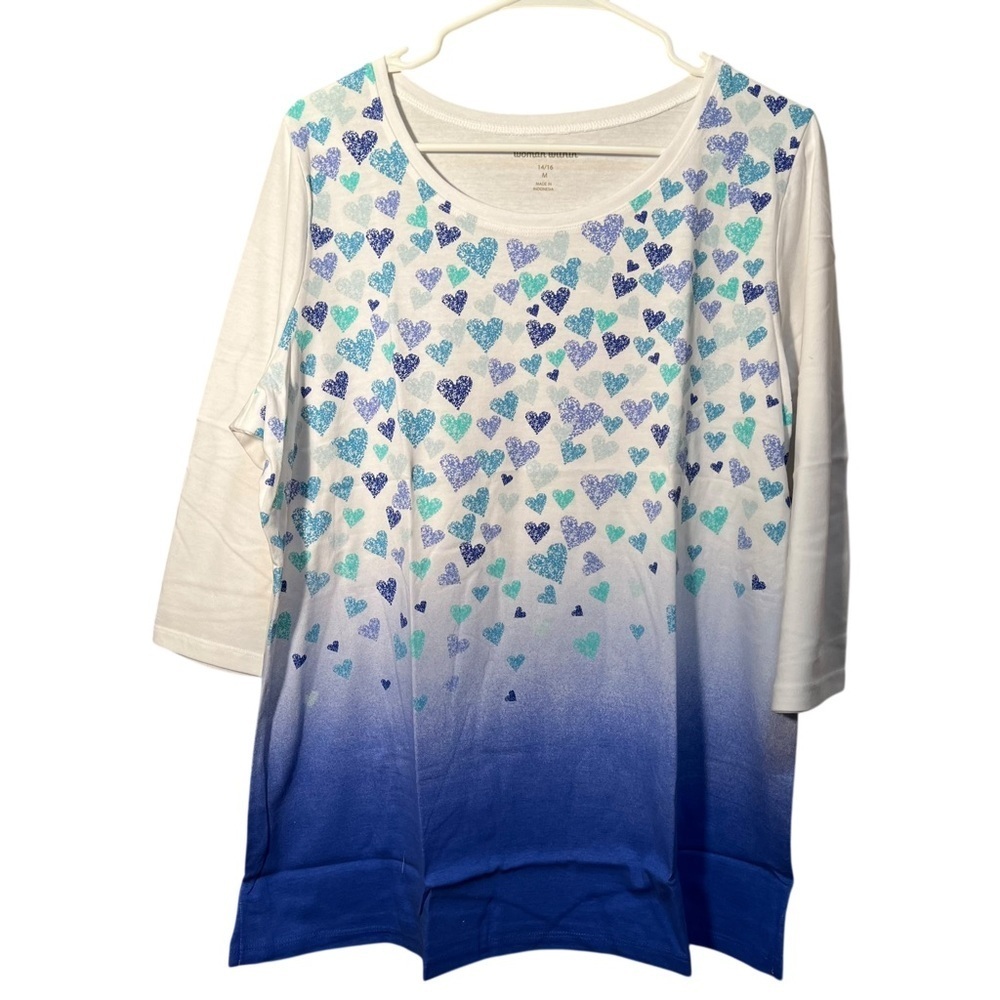 Woman Within Women's Size Medium 14/16 T-Shirt Ombre Falling Hearts Teal‎ Blue